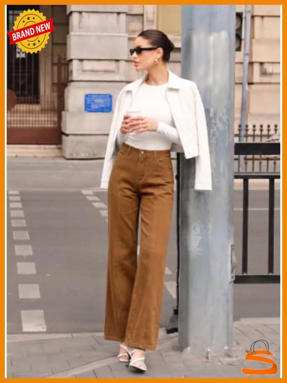 High Waisted Wide Leg Stretchy Denim Pants with Front Seam and Pockets